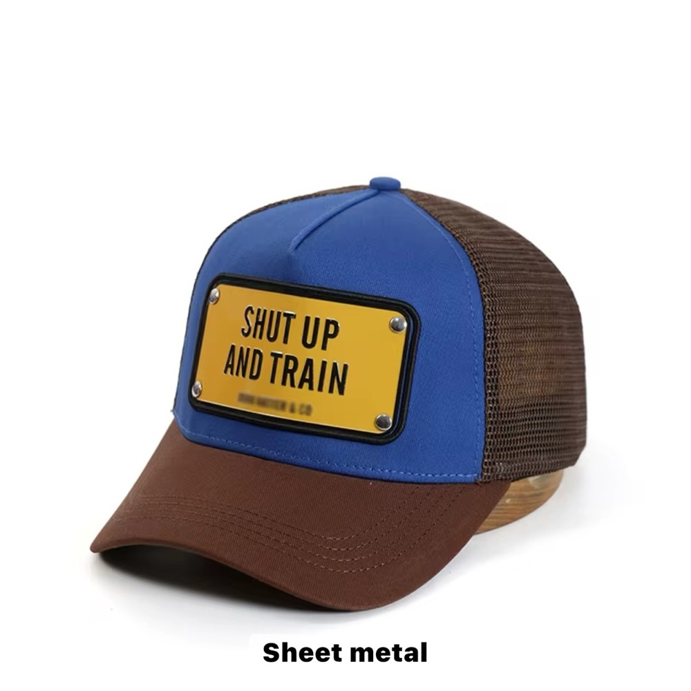 Brown and Blue Trucker Hat with Patch